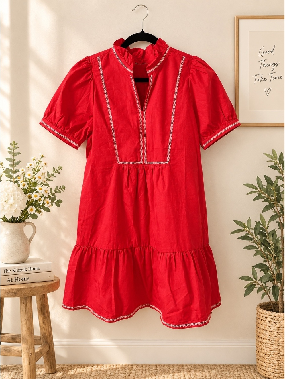 JODIFL Red Embroidered Ruffle Mini Dress Size M Puff Sleeve Pockets